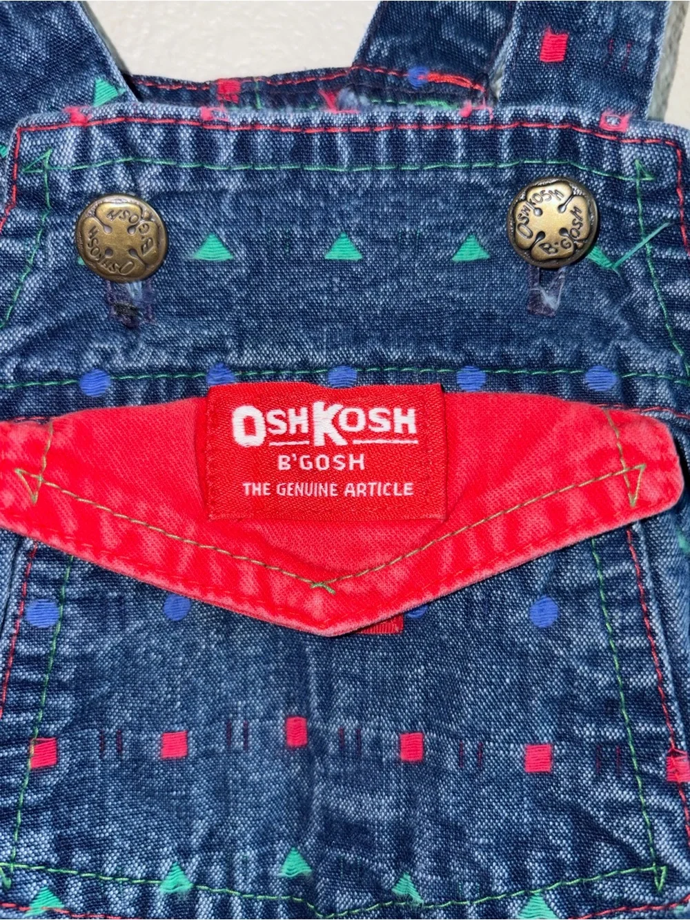 OshKosh B'gosh Navy Denim Overalls with Red and Green Print Accents